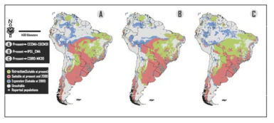 황소개구리의 현재와 2080년 미래의 잠재적인 분포 예측 지도 (Nori et al., 2011b)