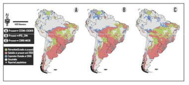 황소개구리의 현재와 2050년 미래의 잠재적인 분포 예측 지도 (Nori et al., 2011b)