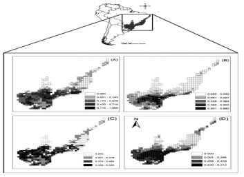 Atlantic Forest BIodiversity Hotspot 지역의 황소개구리 지리적인 예측 범위 지도. (A) 현재와 (B) 2050년도 469격자 기반 황소개구리 잠재적인 분포 지도. (C) 현재와 (D) 2050년도 예측에 관한 모델 불확실성의 공간적 패턴 (Loyola et al., 2012)