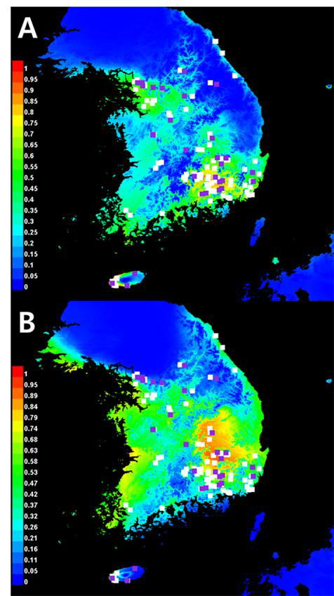붉은귀거북의 분포 자료를 바탕으로 예측한 서식지 적합성(habitat suitability). A) 현재 분포 가능 지역, B) 미래(2070년). 빨간색 지역일수록 서식 가능성 높다는 것을 의미