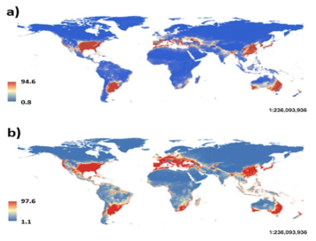 전세계 단위 붉은귀거북의 환경적인 서식 적합 지도. a) 번식 데이터 기반의 결과, b) 종 분포 데이터기반의 결과(Banha et al., 2017)