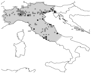 이탈리아 내 연구지역 (pale grey), 붉은귀거북의 분포 (dark grey), 붉은귀거북 번식 개체군 (black) (Ficetola et al.,2017)