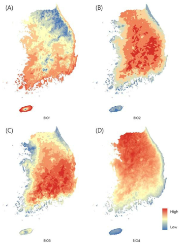 19가지 생물기후변수 (Worldclim 1.4). (A) BIO1, (B) BIO2,(C) BIO3, (D) BIO4