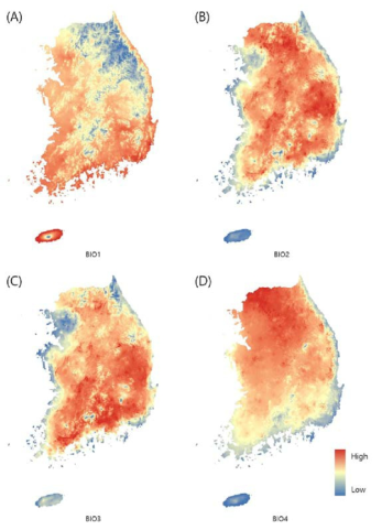 19가지 생물기후변수 (기상청).(A) BIO1, (B) BIO2, (C)BIO3, (D) BIO4
