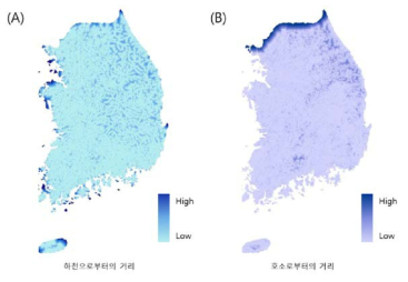 유클리드 거리로 계산하여 생산한 수계 변수 지도. (A) 하천으로 부터의 거리, (B) 호소로부터의 거리