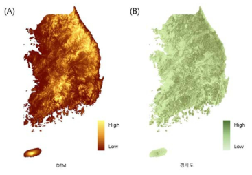 지형 변수 지도. (A) 고도 (DEM), (B) 경사도