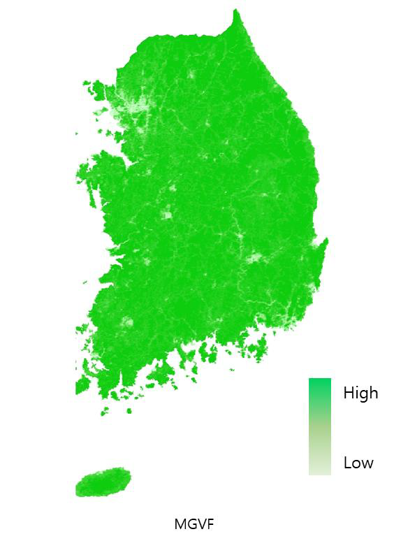 유클리드 거리로 계산하여 생산한 정규식생변수 (MGVF) 지도