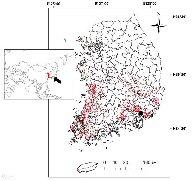 국내 황소개구리의 분포 지도. 붉은색 점=황소개구리의 분포, 검은색점=1957년 황소개구리가 유입된 진해지역 (Kang et al., 2019)