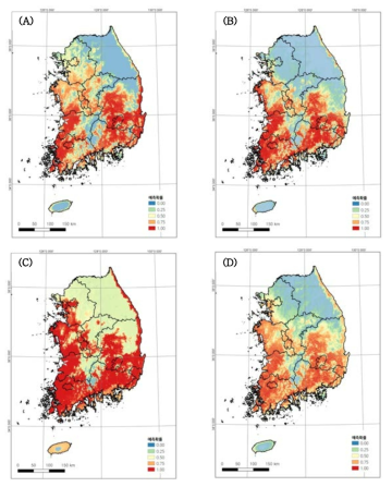 황소개구리의 개별 모델 예측 결과. (A) GLM, (B) GAM, (C)BRT, (D) Maxent