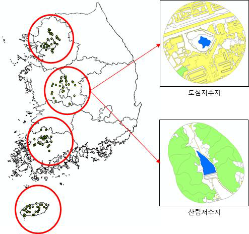 점유율 발견율 연구 대상 지역. 파란색은 저 수지, 노란색은 도심, 초록색은 산림을 나타냄.