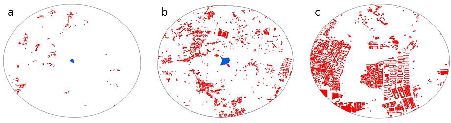 분석 대상 지점의 건물 비율. a는 동림지, 도시화 정도 0.76%; b는 오강지, 도시화 정도 5.24%; c는 한새봉, 도시화 정도 13.24%