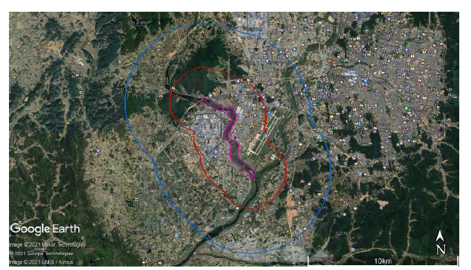 장록습지 반경 2km와 5km 경계의 모습(보라색 경계 : 장록습지 경계도, 붉은색 경계 : 반경 2km 경계(주요 서식 예상 지역), 파란색 경계 : 반경 5km 경계(예비 지역)).