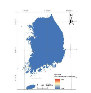 녹색이구아나 의 현재 국내 분포 확률.