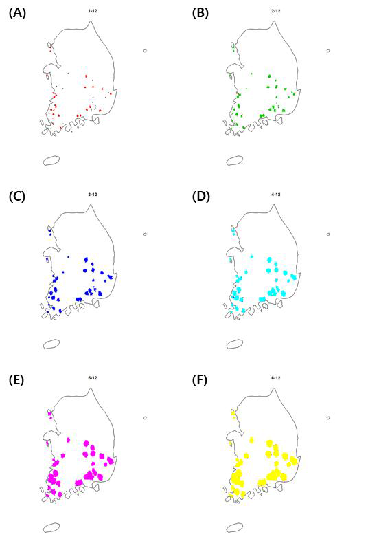 황소개구리의 12월 전국 확산 변화. (A) 1차년도, (B) 2차년도, (C) 3차년도, (D) 4차년도, (E) 5차년도, (F) 6차년도.