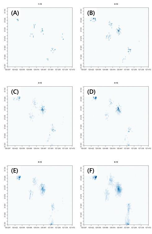 붉은귀거북의 경기지역에서 12월 상대적 밀도 변화. (A) 1차 년도, (B) 2차년도, (C) 3차년도, (D) 4차년도, (E) 5차년도, (F) 6차년도.