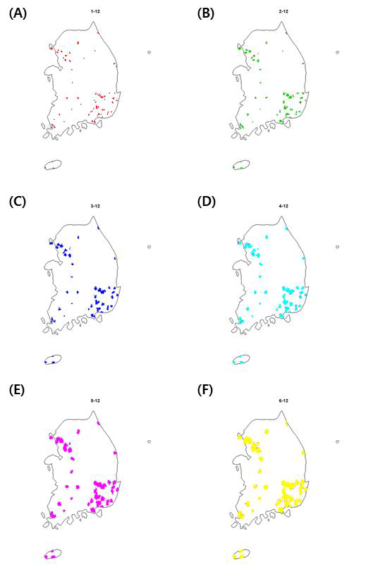 붉은귀거북의 12월 전국 확산 변화. (A) 1차년도, (B) 2차년도, (C) 3차년도, (D) 4차년도, (E) 5차년도, (F) 6차년도.