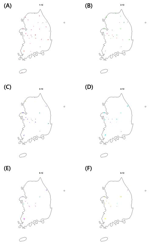 악어거북의 12월 전국 확산 변화. (A) 1차년도, (B) 2차년도, (C) 3 차년도, (D) 4차년도, (E) 5차년도, (F) 6차년도.