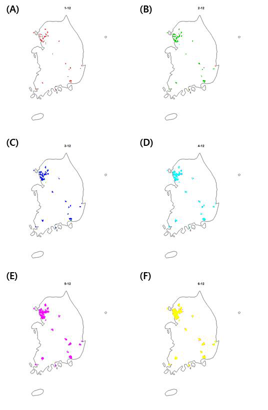 리버쿠터의 12월 전국 확산 변화. (A) 1차년도, (B) 2차년도, (C) 3 차년도, (D) 4차년도, (E) 5차년도, (F) 6차년도.