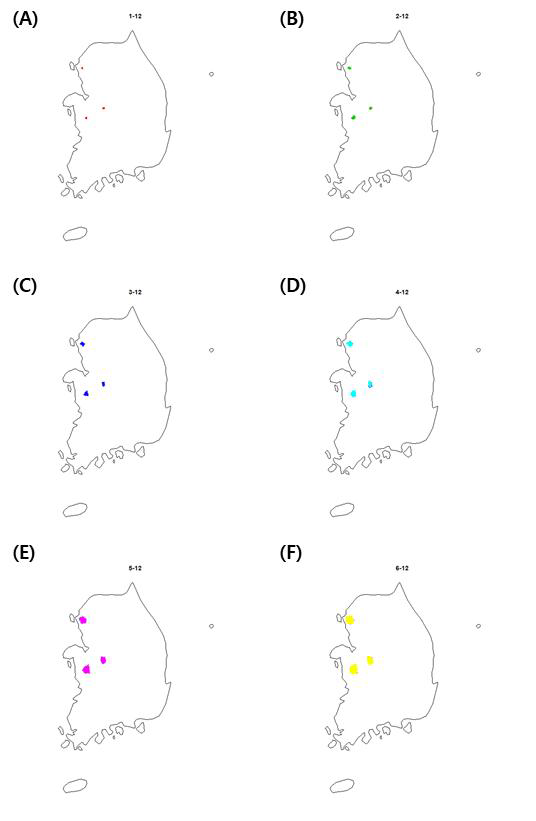 플로리다붉은배거북의 12월 전국 확산 변화. (A) 1차년도, (B) 2차년 도, (C) 3차년도, (D) 4차년도, (E) 5차년도, (F) 6차년도.