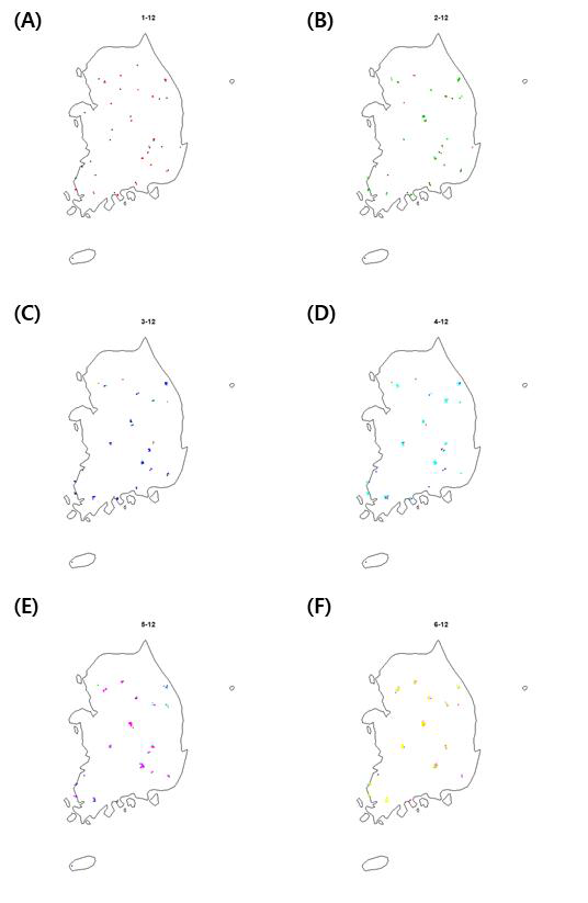 아프리카발톱개구리의 12월 전국 확산 변화. (A) 1차년도, (B) 2차년 도, (C) 3차년도, (D) 4차년도, (E) 5차년도, (F) 6차년도.