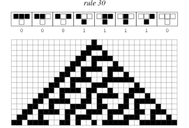 셀룰러 오토마타 규칙 30을 0세대부터 20세대(https://mat hworld.wolfram.com/CellularAutomaton.html).