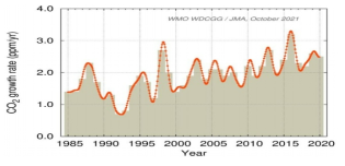 이산화탄소 증가율 출처: 제3차 과학기술외교 플랫폼 발표 자료(World Data Centre for Greenhouse Gases)