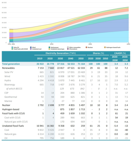 전원별 발전량 전망 ※ 출처: IEA(2021), Net Zero by 2050 : A Roadmap for the Global Energy Sector(Data Explorer)