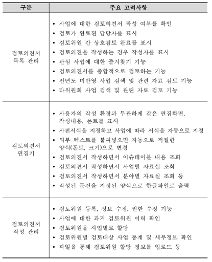 검토의견서 기능 및 기능 설계 착안점