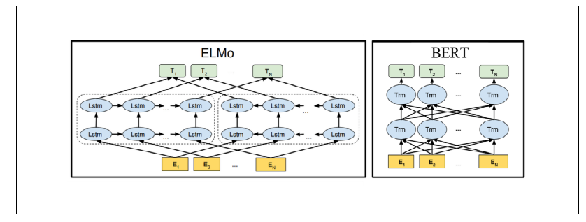 언어 모델 ELMO와 BERT 구조 비교