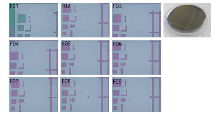 HBr/Ar gas를 활용한 dry etching 시 표면상태에 대한 optical microscope image 와 기판 촬영 사진