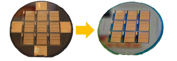 (왼쪽) Anode/Cathode 상 electroplating을 완료한 사진. (오른쪽) PR lift-off를 통해 잔여 metal을 모두 제거하고 완료한 실제 QDLD의 on-wafer 사진.