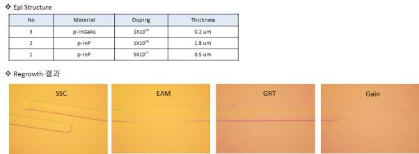 p-clad 및 p++ InGaAs ohmic contact layer의 에피성장 구조 및 재성장이 이루 어진 후 normarski microscope 이미지