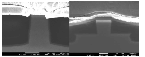 InGaAsP 물질을 ICP로 etching한 경우 (좌), InAlGaAs 물질을 etching한 경우 (우)