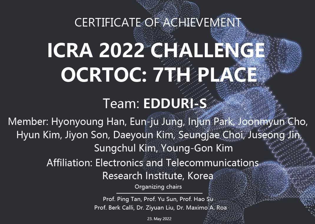 ICRA 2022 Challenge OCRTOC 경진대회 입상 증서