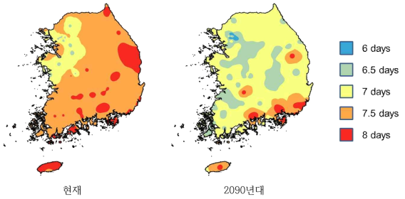 지역별 아까시나무 개화기간 분포 예측 결과(농촌진흥청, 2021)