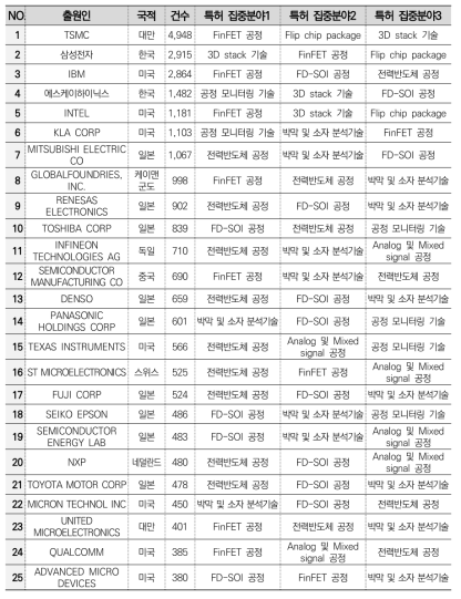 반도체 대분류별 주요 출원인 및 특허 집중도(공정 및 장비)