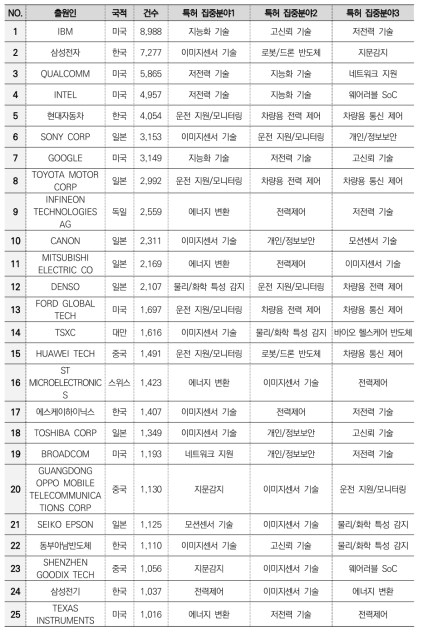 반도체 대분류별 주요 출원인 및 특허 집중도(차세대 반도체)