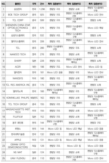 디스플레이 대분류별 주요 출원인 및 특허 집중도(차세대 디스플레이)