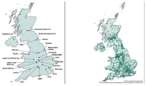 영국 내 자동차 제조업체 (좌), 영국 내 전기 충전소 (우) 출처: Department for Transport. (2018). The Road to Zero: Next steps towards cleaner road transprot and delivering our Industrial Stratgy