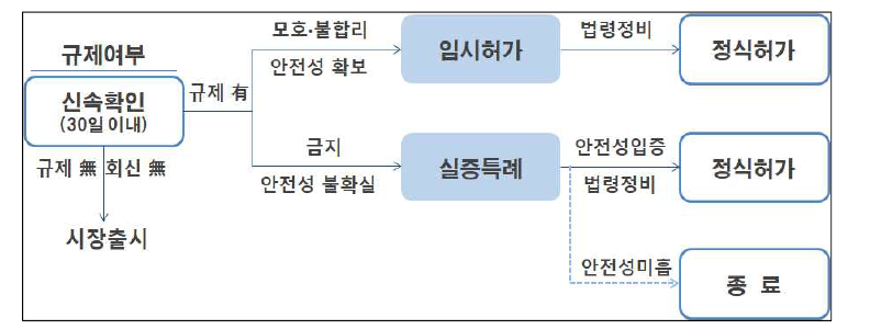 규제 샌드박스 관련 흐름도 ※ 출처: 국무조정실(2019). ｢규제 샌드박스 시행 6개월 성과｣ 보도자료. 2019년 7월 16일