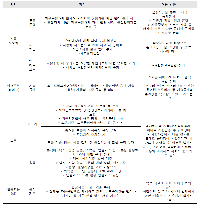 세부 분야별 규제공백의 현향과 쟁점