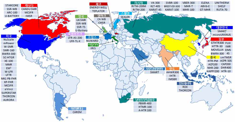 전 세계 SMR 개발 지도 및 주요국 노형별 SMR 개발 현황