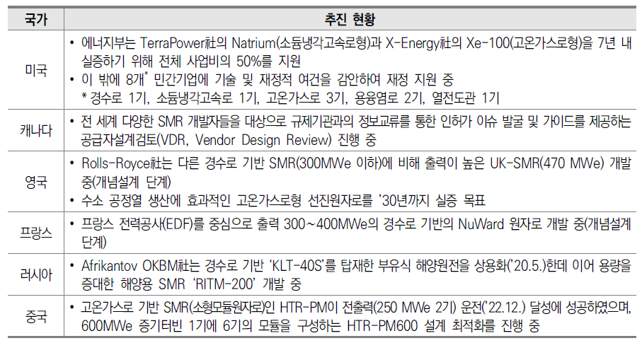 주요국들의 SMR 개발 추진 현황