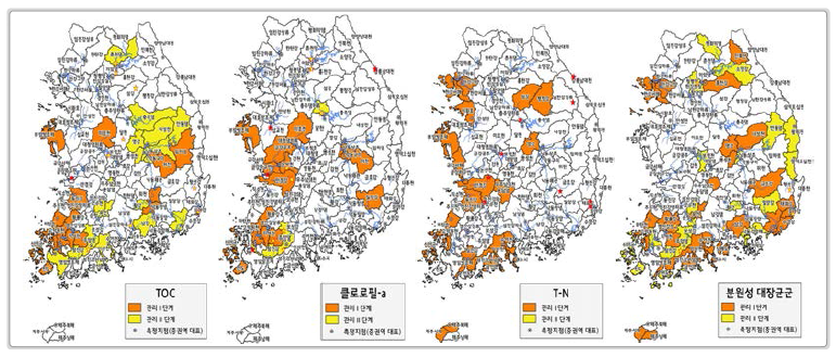 수질항목별 손상수체 우선관리지역 분석결과