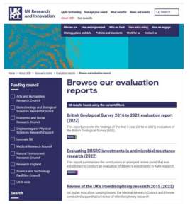 UKRI의 평가보고서 제공 페이지 화면