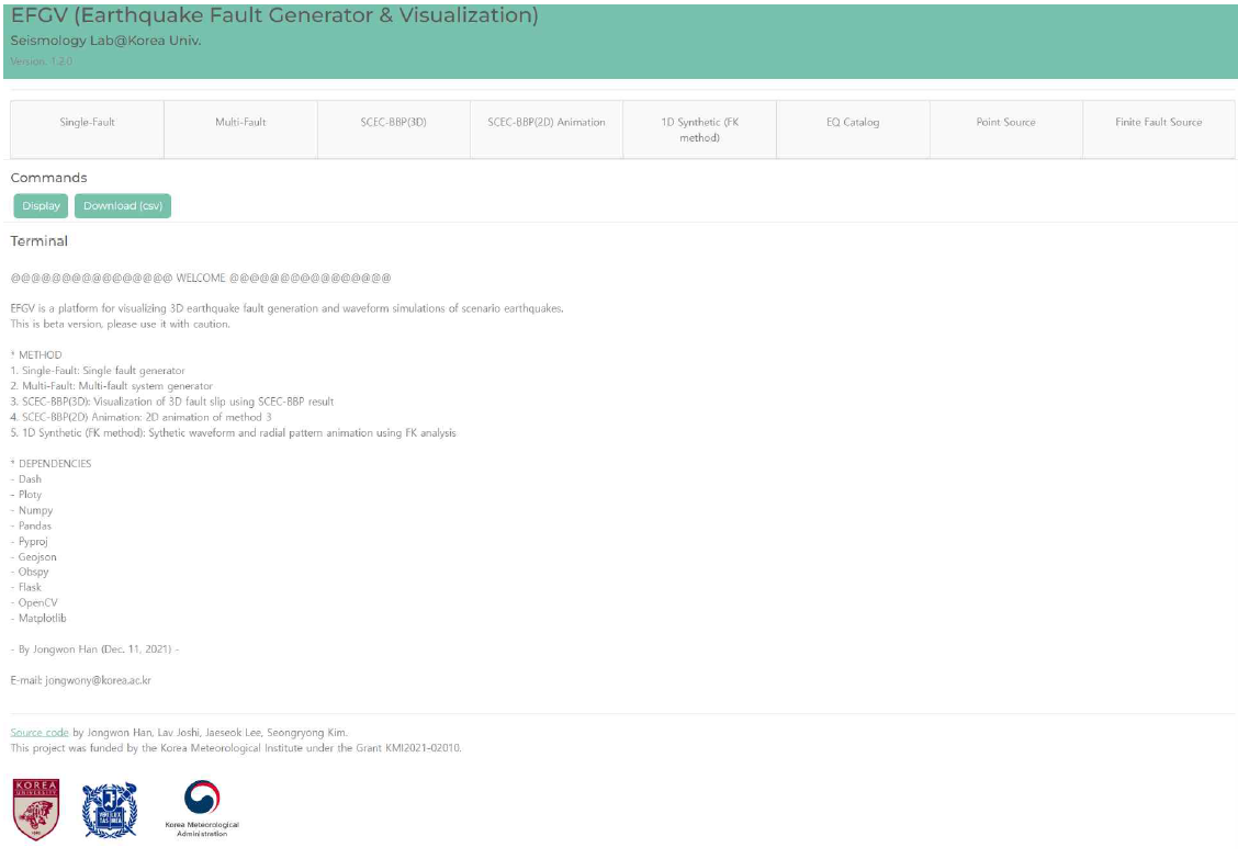 Earthquake Fault Generator & Visualization (EFGV) 첫 실행 화면으로 여러 가지 기본적인 플랫폼의 구성 및 안내, 공지 사항 나타냄