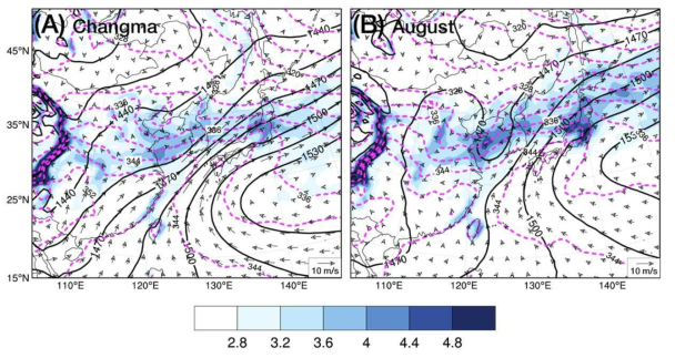(수식)Geopotential heights (m, solid lines), equivalent potential temperature (K, dashed magenta lines),equivalent potential temperature gradient (K/100 km, shaded), and wind vectors (m s  , black arrow) at 850 hPa for heavy rainfall days during the (A) Changma and (B) August periods