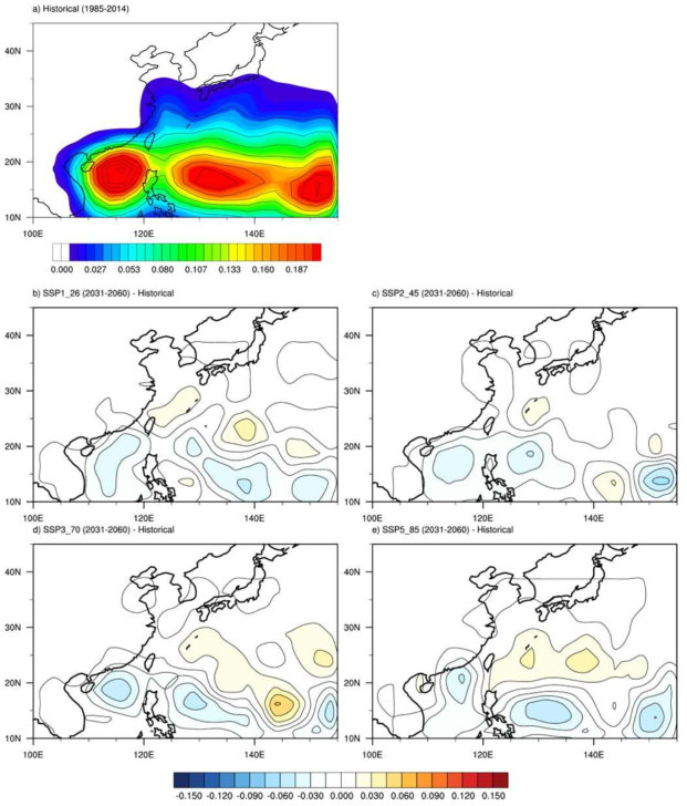 TC genesis density for (a) climatological mean of historical run (1985-2014) and differences between (b) SSP1_26, (c) SSP2_45, (d) SSP3_70 and (e) SSP5_85 and historical run for period of 2031-2060