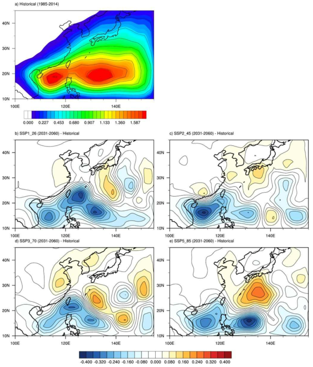 TC track density for (a) climatological mean of historical run (1985-2014) and differences between (b) SSP1_26, (c) SSP2_45, (d) SSP3_70 and (e) SSP5_85 and historical run for period of 2031-2060