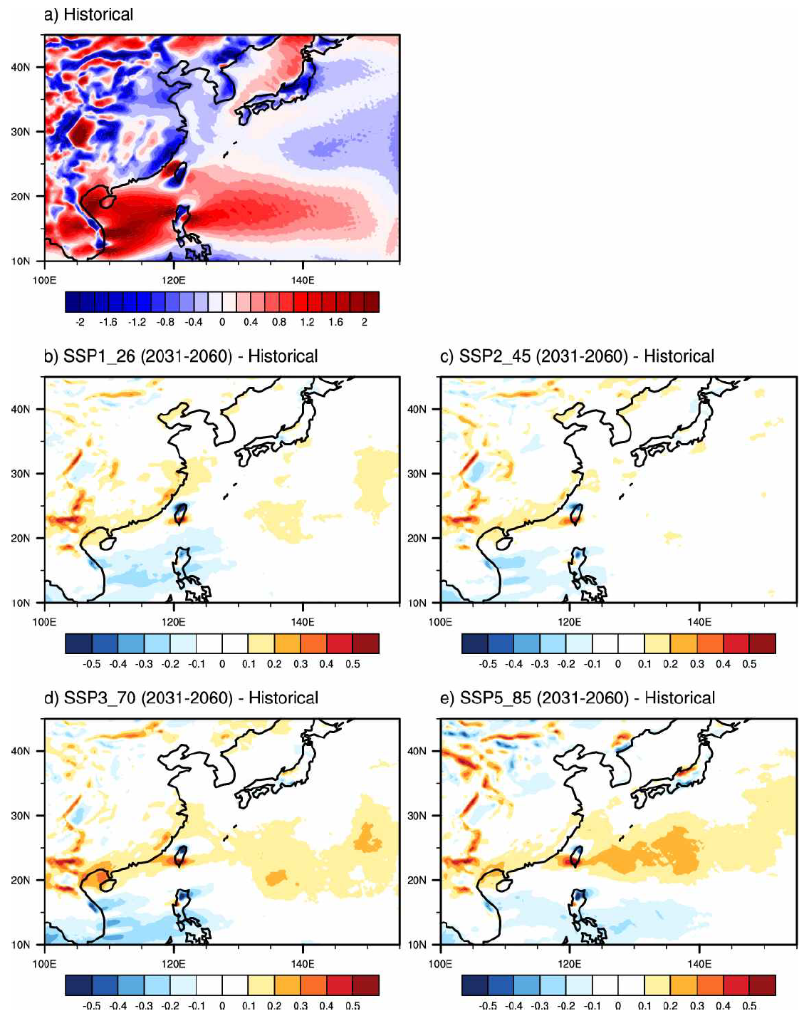 (수식)850 hPa relative vorticity (10-5 s- ) from June to November for (a) climatological mean for historical run (1985-2014) and differences between (b) SSP1_26, (c) SSP2_45, (d) SSP3_70, and (e) SSP5_85 scenarios (2031-2060) and historical run